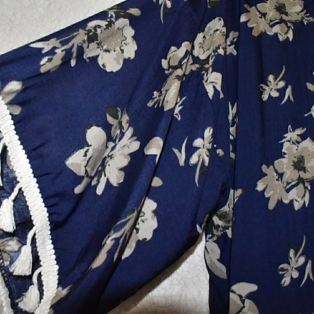 David and Young Boho Open Front Kimono Swimsuit Coverup Blue Floral Size OS